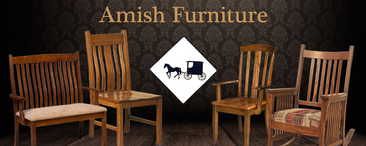 Banner with the title Amish Furniture showing a wood bench, a wood rocker, a wood side chair, and a wood arm chair