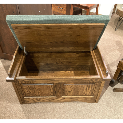 Clearance Amish made Scallop Storage Bench open showing storage - Oak For Less® Furniture