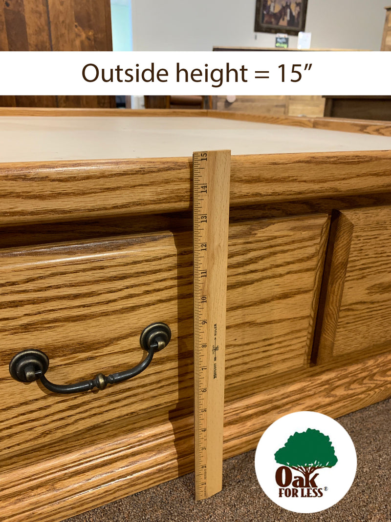 detail picture of a ruler showing the 15 inch outside height of the top edge of the OD-O-T456 - Traditional Oak Pedestal Bed - Oak For Less® Furniture