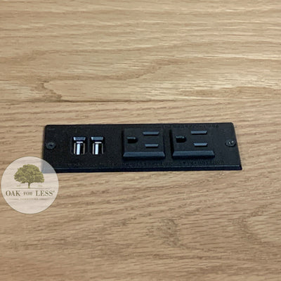 detail picture of a closeup of the 2 electric outlets and 2 USB outlets inside the center opening of the FD-3012T Bookcase Headboard | Oak For Less® Furniture