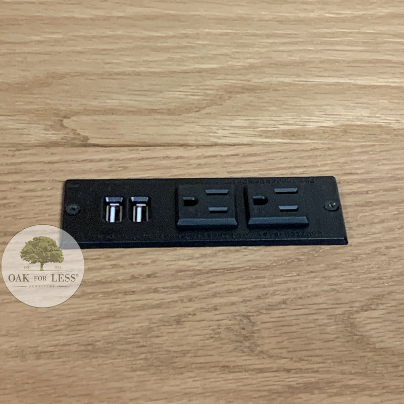 detail picture of a closeup of the 2 electric outlets and 2 USB outlets inside the center opening of the FD-3012T Bookcase Headboard | Oak For Less® Furniture