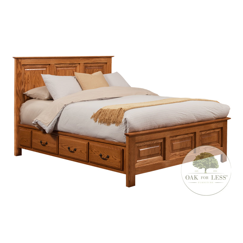 OD-O-T468 Traditional Oak Elevated Pedestal Bed with 6 drawers and a raised panel headboard and raised panel footboard - Oak For Less® Furniture