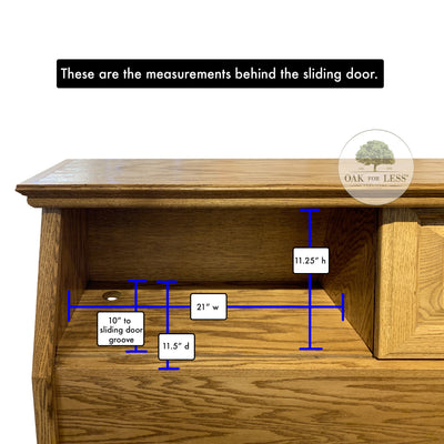 Dimensions of OD-O-T462-CK Cal King Oak Bookcase Headboard area behind sliding door, 21 inches W, 11.25 inches H, 10 inches D, 22 inches sliding door W