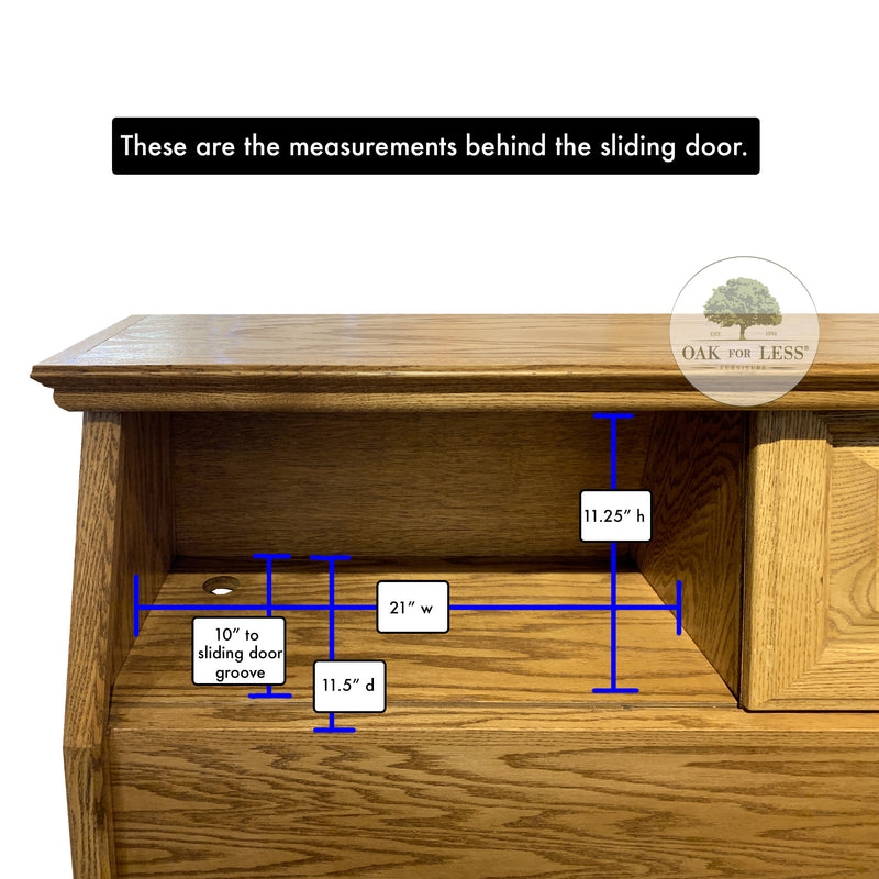 Dimensions of OD-O-T462-CK Cal King Oak Bookcase Headboard area behind sliding door, 21 inches W, 11.25 inches H, 10 inches D, 22 inches sliding door W