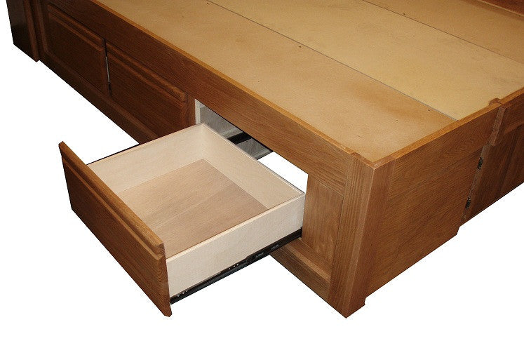 FD-3021 - Contemporary Oak Pedestal Bed with 6 Drawers detail with a drawer open - Queen size - Oak For Less® Furniture