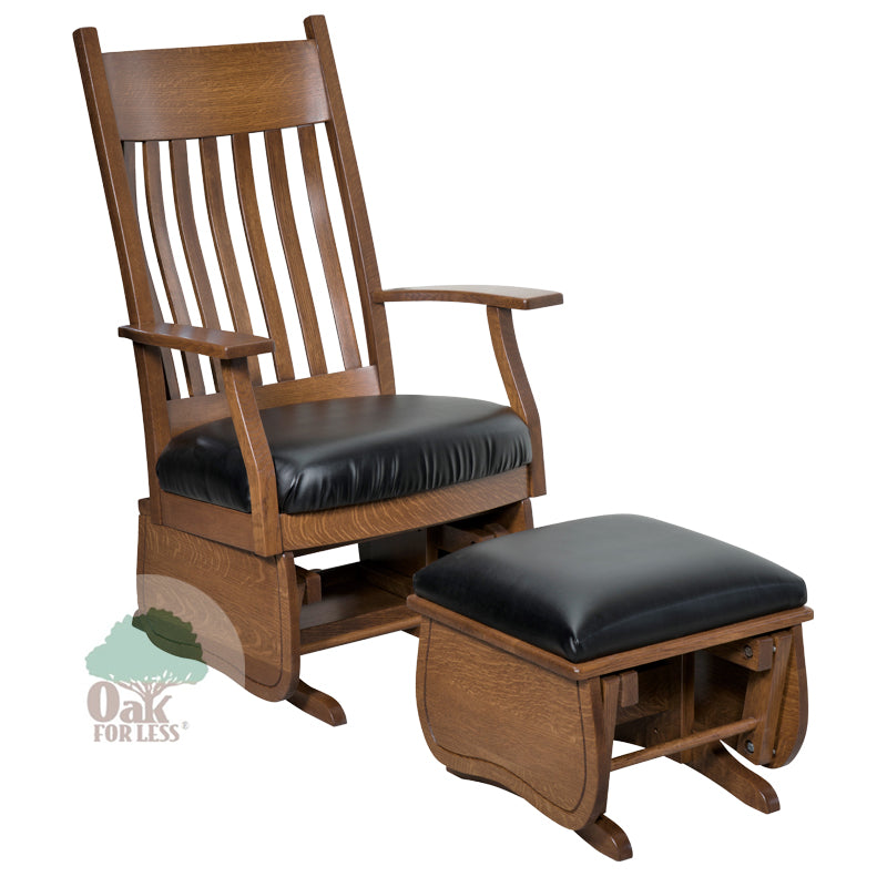 Bent Slat Glider with Leather Seat and separate leather cushioned Ottoman | Oak For Less ® & Amish Furniture Creations ™ Furniture