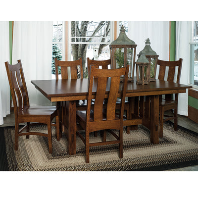 Amish made Mission Goshen Trestle Table and 6 Wood Seat Side Chairs in Solid Quartersawn Oak - Oak For Less® Furniture