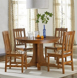 Amish made Old Mission Round Single Pedestal Table and 4 Wood Seat Side Chairs in Solid Oak - Oak For Less® Furniture