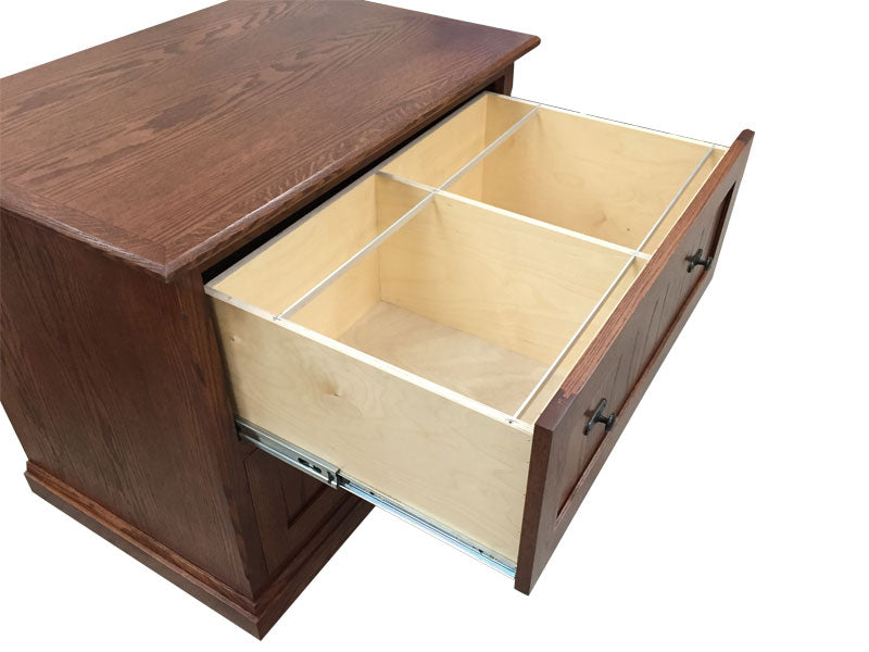 FD-1035M - Mission Oak 2 Drawer Lateral File detail with top drawer open showing the file rods - Oak For Less® Furniture