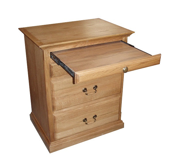 FD-3038T - Traditional Oak 3 Drawer Nightstand with Pullout Tray - detail of pullout tray open - Oak For Less® Furniture