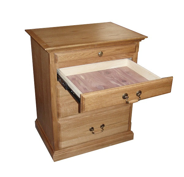 FD-3038T - Traditional Oak 3 Drawer Nightstand with Pullout Tray - detail of top drawer open - Oak For Less® Furniture