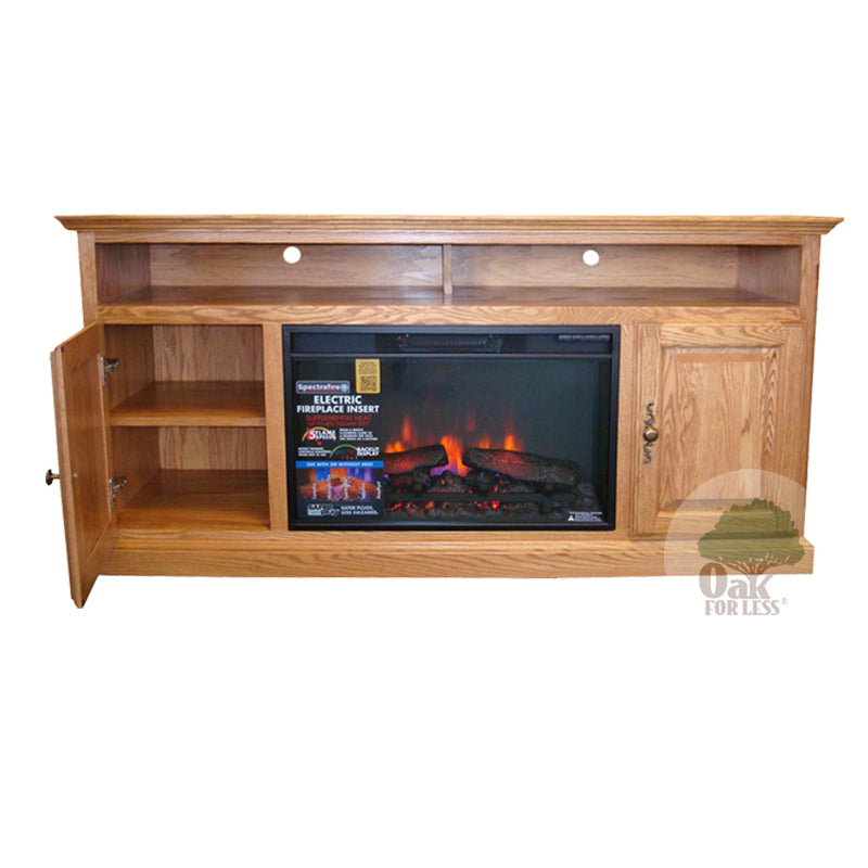 FD Traditional Oak 60" Electric Fireplace TV Stand with one door open showing the shelf inside - Oak For Less® Furniture