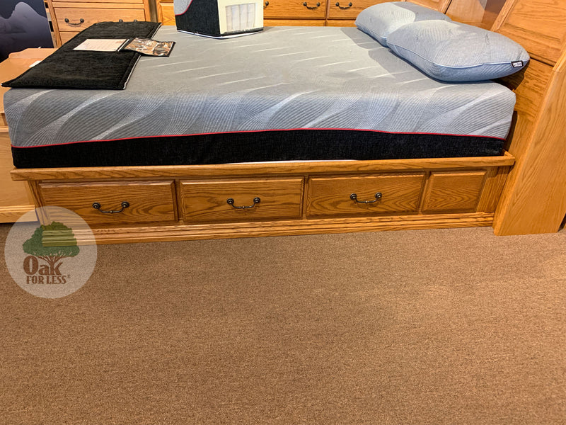 OD-O-T456 - Traditional Oak Pedestal Bed with 6 drawers pictured with a mattress and 2 pillows - side view - Oak For Less® Furnitur