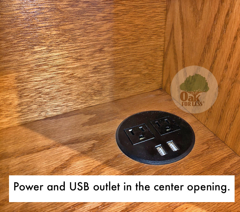 detail picture of a closeup of the 2 electric outlets and 2 USB outlets inside the center opening of the OD-O-T462 - Traditional Oak Bookcase Headboard - Oak For Less® Furniture