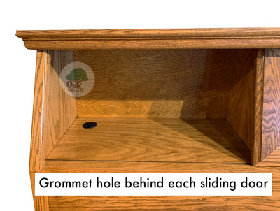 detail picture of the grommet hole inside the back corner of the area behind one of the sliding doors of the OD-O-T462 - Traditional Oak Bookcase Headboard - Oak For Less® Furniture