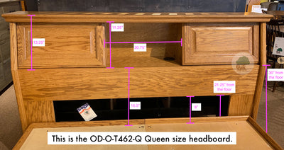 Dimensions of OD-O-T462-Q Queen Oak Bookcase Headboard, 20.75 inches center area W, 11.25 inches H, 21.25 inches from ground to bottom frame, 8 inches from platform to bottom frame, 16.5 inches from platform to top edge of lower trim, 13.25 inches from door lower trim to top of headboard.