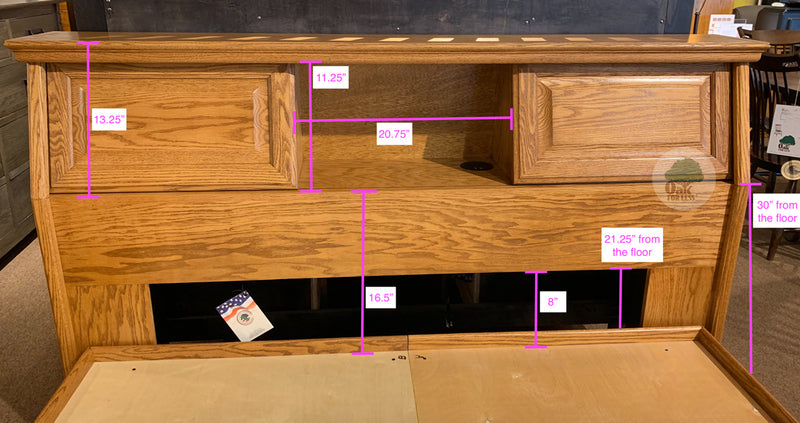 Dimensions of OD-O-T462-Q Queen Oak Bookcase Headboard, 20.75 inches center area W, 11.25 inches H, 21.25 inches from ground to bottom frame, 8 inches from platform to bottom frame, 16.5 inches from platform to top edge of lower trim, 13.25 inches from door lower trim to top of headboard