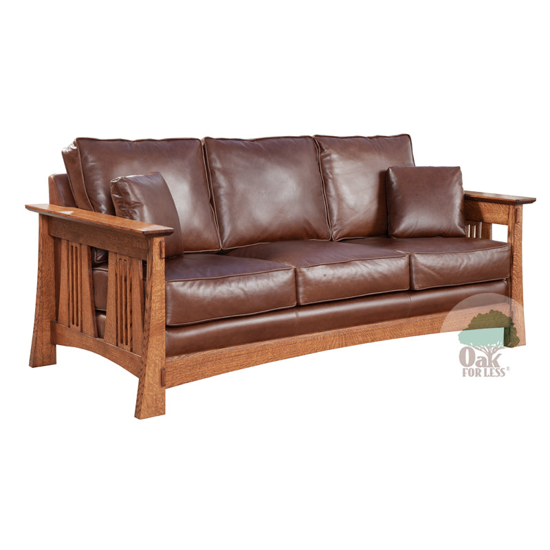 TM-1740L Solid Wood Bungalow Sofa with fabric cushions and 2 throw pillows in genuine leather | Oak For Less ®